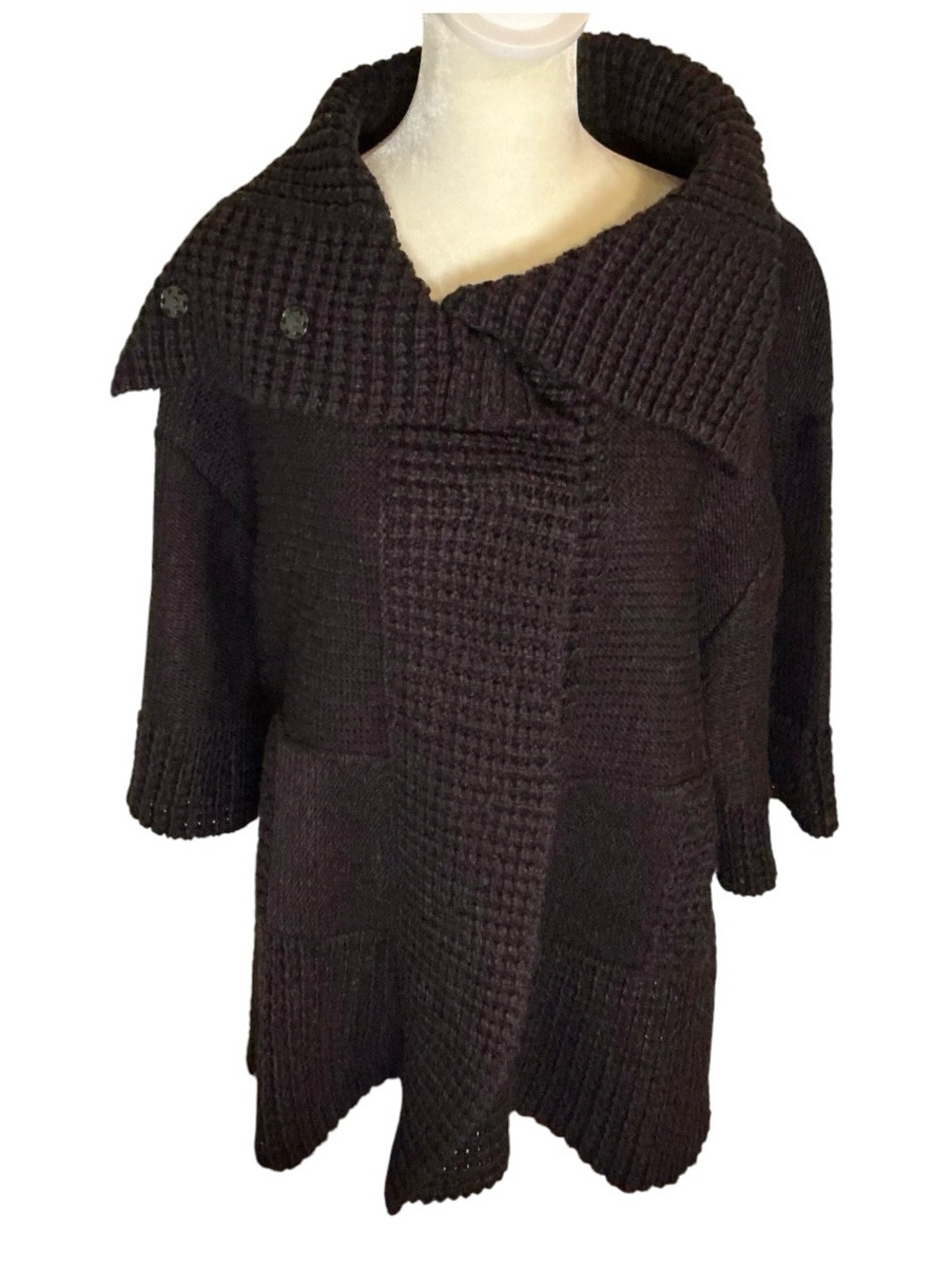 Black Eggplant Marled Chunky Knit Cardigan L Oversized Shawl Collar Snap Front
